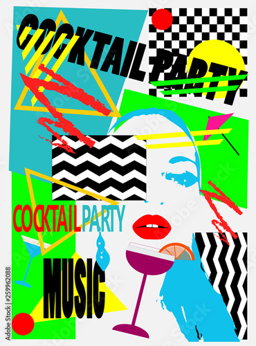 Cocktail party background pop art with a girl and martini glass
