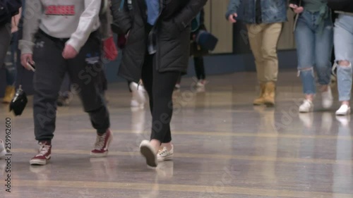 Ground level shot of multi-ethnic teenage high school students standing and walking in the hall of their school. ProRes file, shot in 4K UHD.