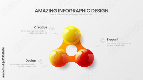 Business 3 option infographic presentation vector 3D colorful balls illustration. Corporate marketing analytics data report design layout. Company statistics information graphic visualization template