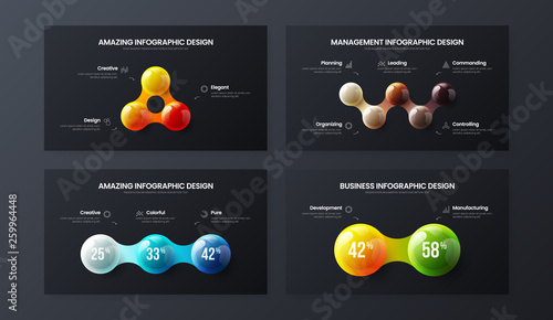 Amazing 2, 3, 5 step marketing analytics presentation vector illustration template bundle. Business data visualization design collection layout. Colorful 3D balls corporate statistics infographic set.