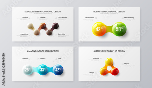 Amazing 2, 3, 5 step marketing analytics presentation vector illustration template bundle. Business data visualization design collection layout. Colorful 3D balls corporate statistics infographic set.