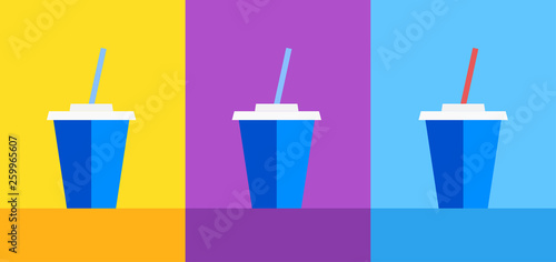 Icon of Blue plastic cup with Coke or Ice Tea on Yellow, violet and blue background. Vector illustration for decoration of Cafe menu or Web site.