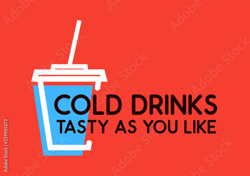 Cold Drinks, Tasty as you Like. Vector Logo with Cup with Soda on red background.