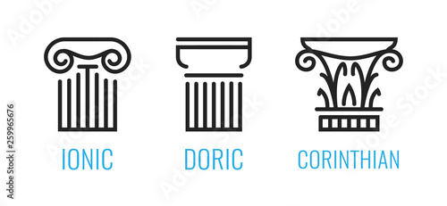 Ionic orders of ancient Greece. Ionic, Dorian, Corintian column lineart shapes isolated on white background. Vector icons in EPS10 for Architecture and Law business.