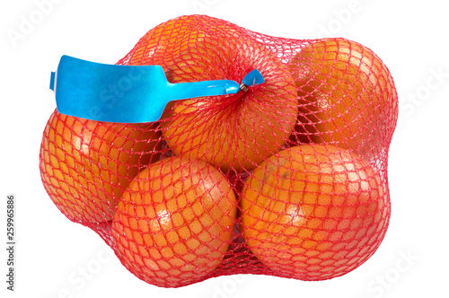 grapefruit in red Plastic Mesh Sack on White Background