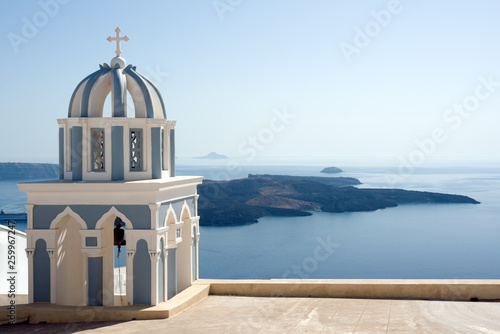Carved church dome against sea view in Santorini Greece 