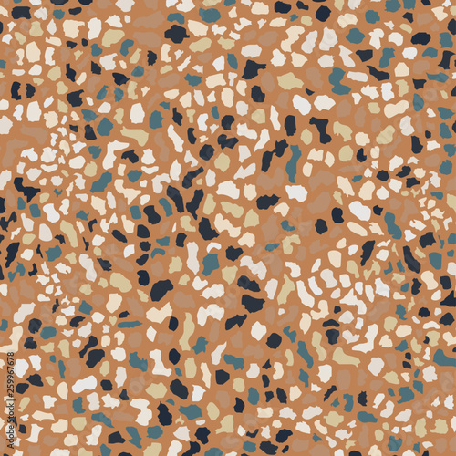 Terrazzo flooring, seamless pattern, brown background texture. Abstract vector design for print on floor, wall, tile or textile.