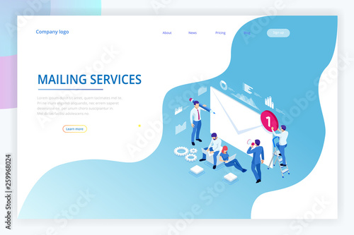 Isometric mailing list or mailing services. Online marketing and communication. Electronic mail message concept as part of business marketing.
