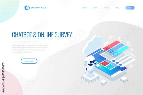 Isometric Chat bot and online survey. Online exam, questionnaire form, online education, internet quiz. Artificial intelligence. AI and business IOT concept.