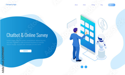 Isometric Chat bot and online survey. Online exam, questionnaire form, online education, internet quiz. Artificial intelligence. AI and business IOT concept.