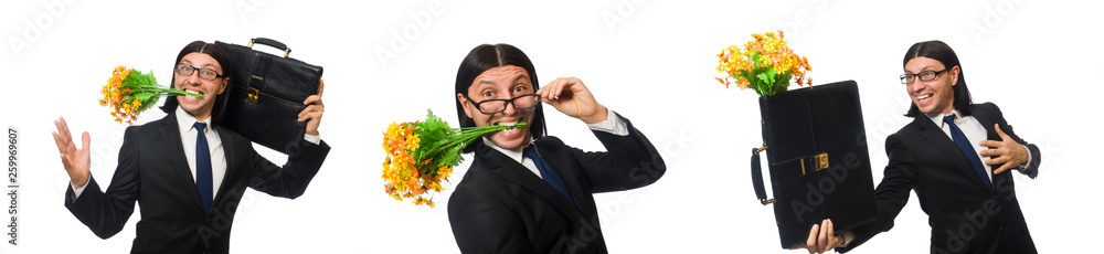 Handsome businessman with flower and brief case isolated on whit Handsome businessman with flower and brief case isolated on whit