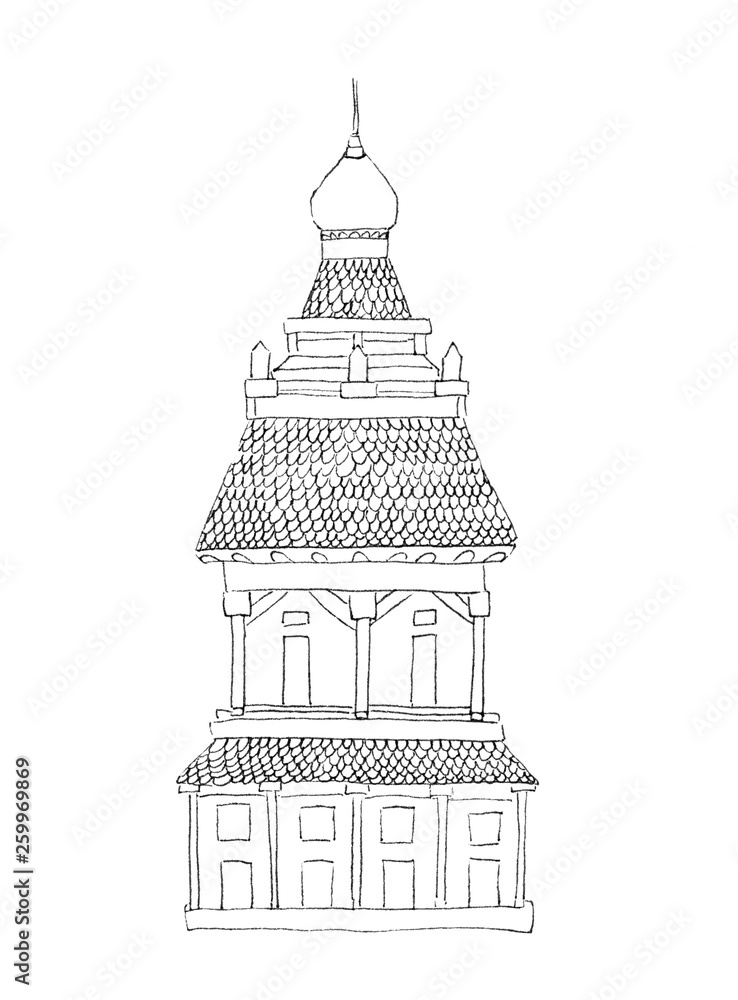 A squat tower in Russian oriental style with columns, tiles and a dome, hand-drawn by black lines outlines, scheme, sketch, isolated on a white background.