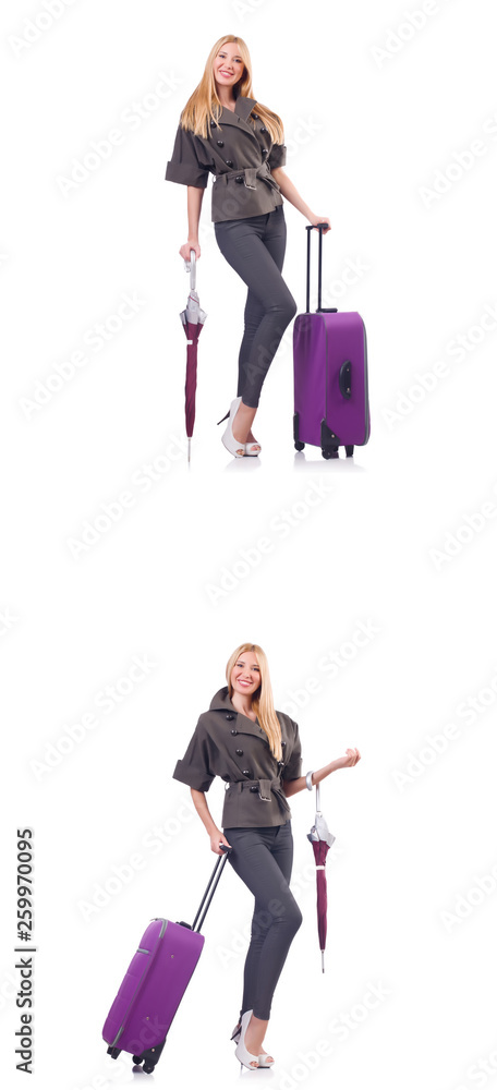 Young beautiful woman with suitcase and umbrella isolated on whi