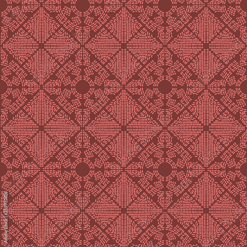 Floral motif sashiko style needlework seamless sampler vector pattern. Hand stitch victorian red line texture for textile print, classic fabric decor. Damask ethnic backdrop. Simple quilting template.