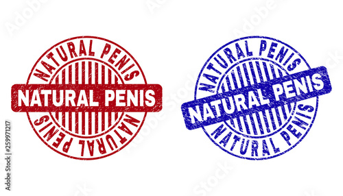 Grunge NATURAL PENIS round stamp seals isolated on a white background. Round seals with grunge texture in red and blue colors.