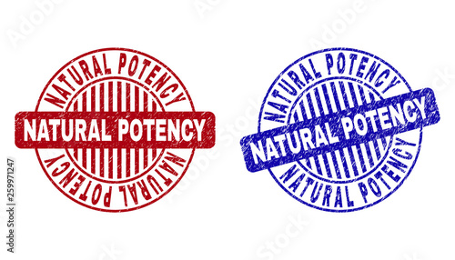 Grunge NATURAL POTENCY round stamp seals isolated on a white background. Round seals with grunge texture in red and blue colors.
