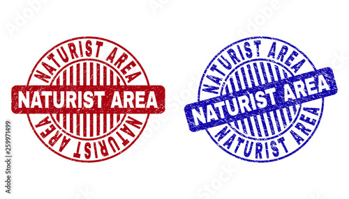 Grunge NATURIST AREA round stamp seals isolated on a white background. Round seals with grunge texture in red and blue colors.