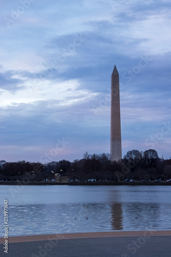 Sunset in Washington DC where the Washington Monument reflects onto the tidal basin
