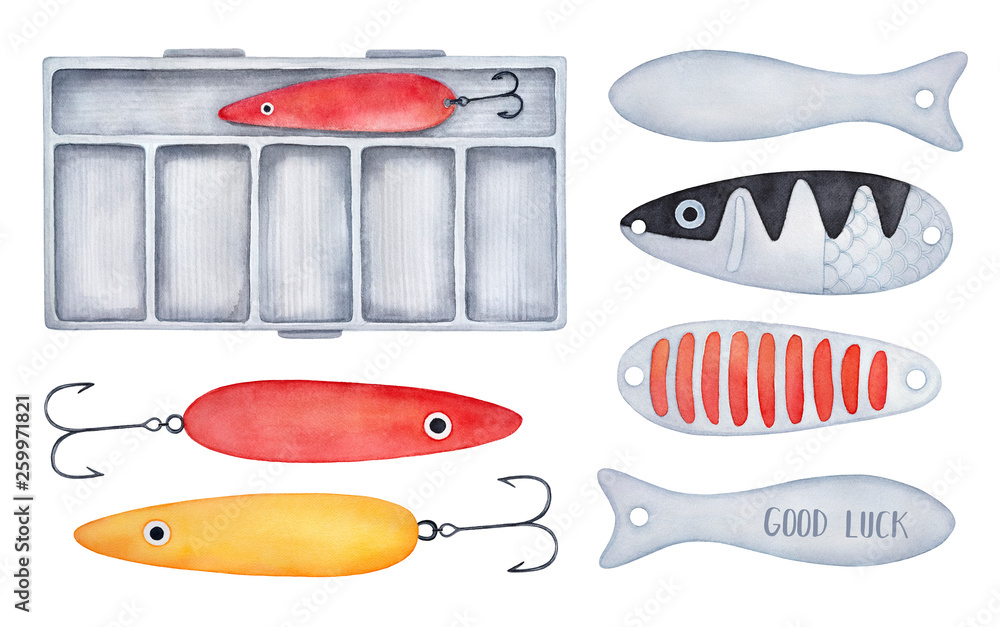 Tacklebox and various fishing tools and artificial lure sketch collection.  Red, yellow, gray, black colors. Hand drawn watercolour painting on white  background, cutout clipart elements for design. Stock Illustration