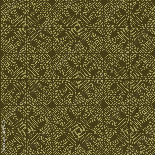 Floral motif sashiko style needlework seamless sampler vector pattern. Hand stitch victorian green line texture. Textile print, classic fabric decor. Damask ethnic backdrop. Simple quilting template