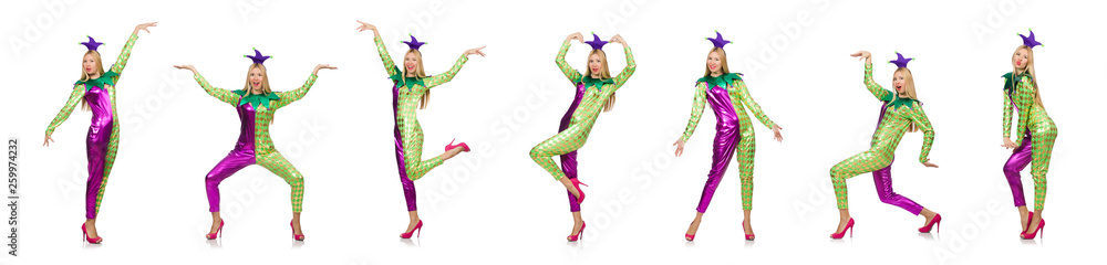 Woman wearing clown costume isolated on white Woman wearing clown costume isolated on white
