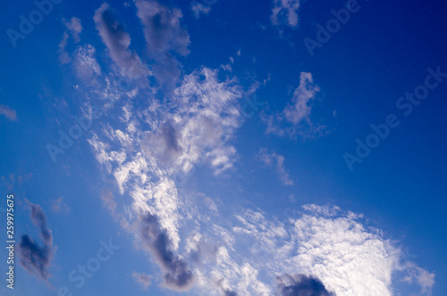 blue evening sky with white and gray clouds; cumulus. background; nature