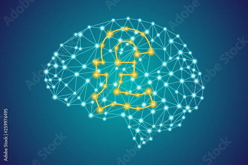 gold pound money icon sign on polygonal low poly plexus human brain background, Internet artificial intelligence trade concept, stock vector illustration clip art