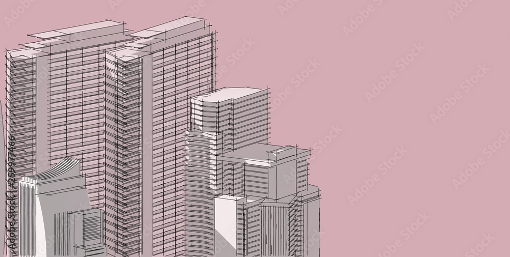 3D illustration architecture building perspective lines. 3D illustration architecture building perspective lines.