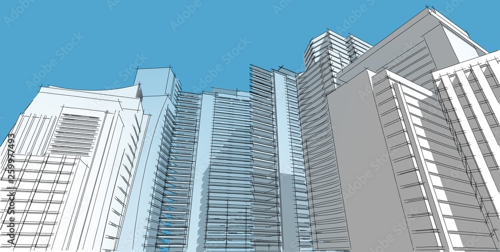 3D illustration architecture building perspective lines. 3D illustration architecture building perspective lines.