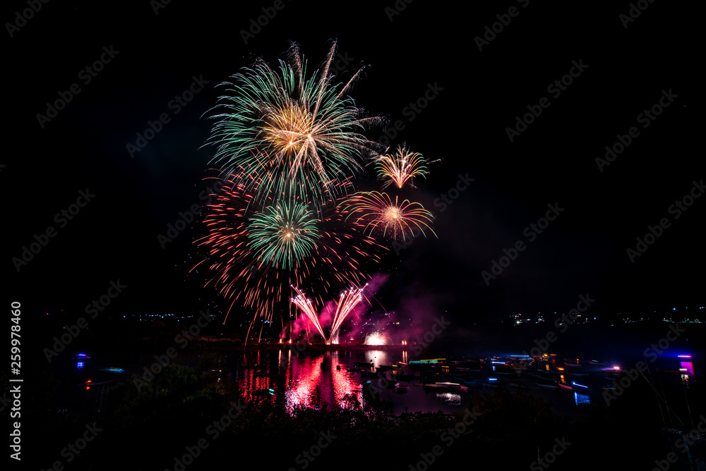 Colorful fireworks over the river during January festivities in Chiapas Mexico