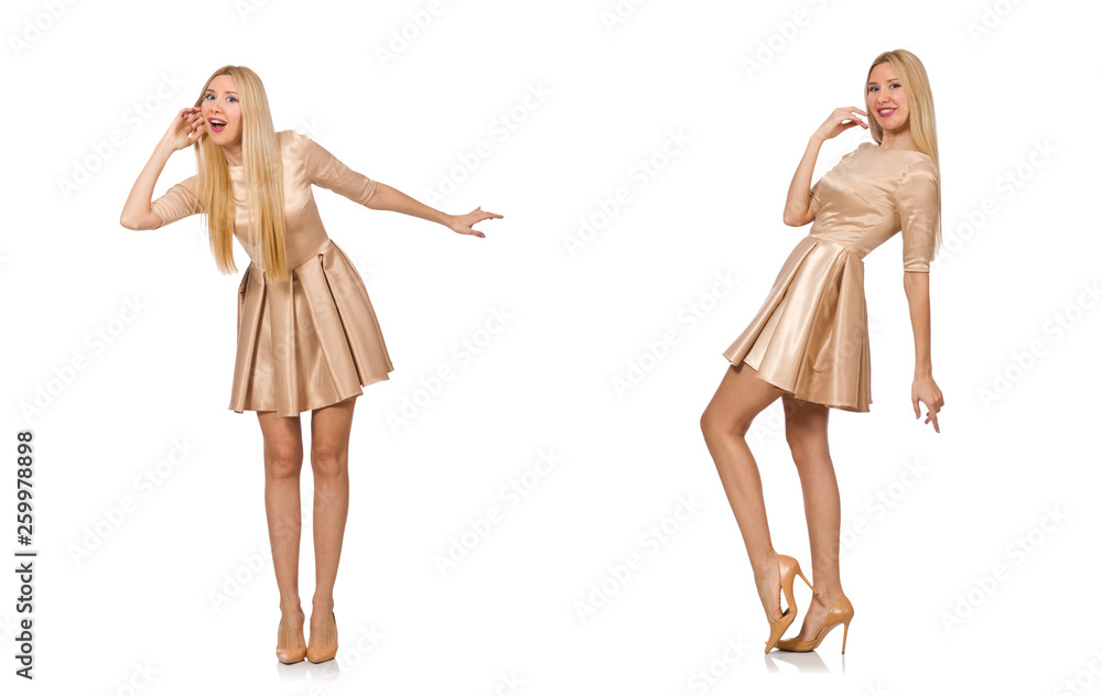 Beautiful woman in golden dress isolated on white Beautiful woman in golden dress isolated on white
