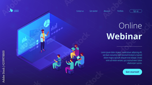 Students e-learning by webinar training and listening to businessman with charts on laptop. Webinar, online video training, tutorial podcast concept. Isometric 3D website app landing web page template