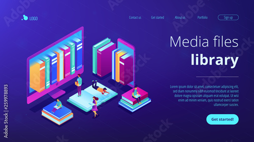 Huge computer and smartphone with a lot of books and students using e-library. E-library, online education materials, media files library concept. Isometric 3D website app landing web page template