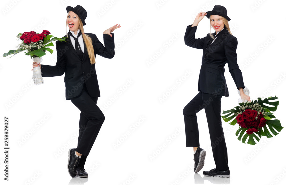 Businesswoman with bunch of flowers isolated on white Businesswoman with bunch of flowers isolated on white