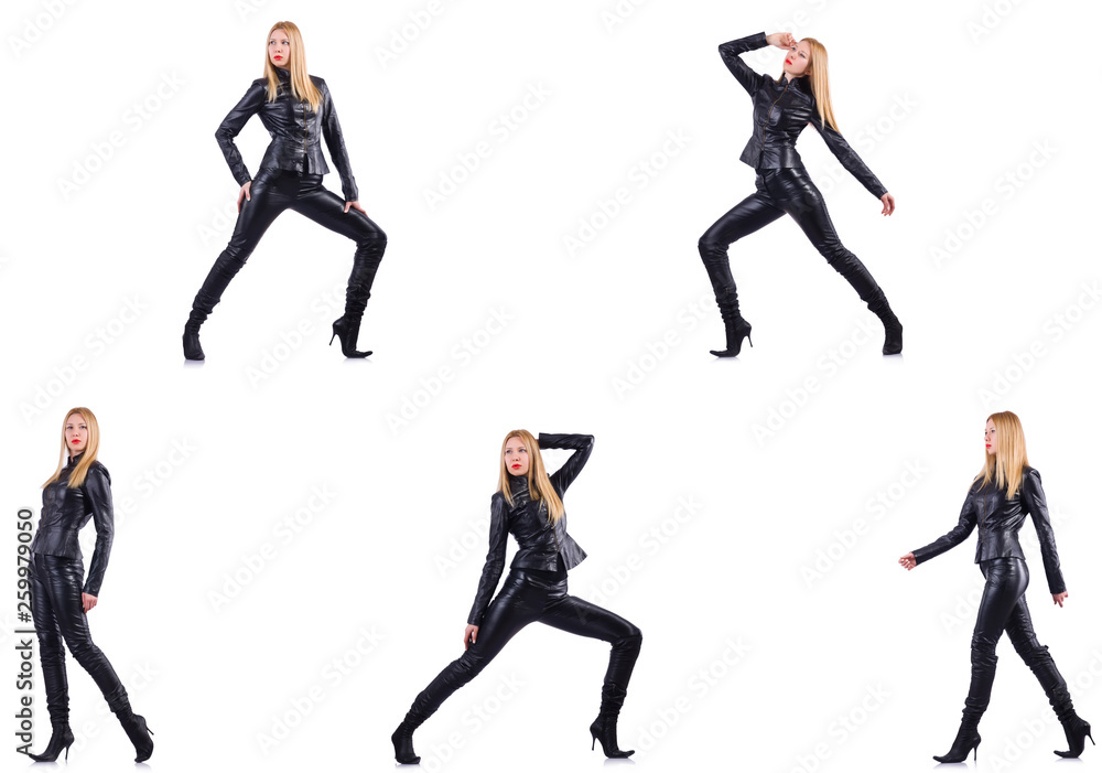 Dancing woman in black leather costume Dancing woman in black leather costume