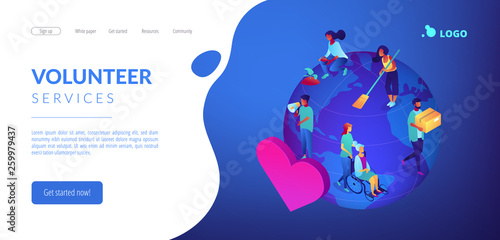 Volunteers at work on globe cleaning, helping the elderly, planting and donating. Volunteering, volunteer services, altruistic job activity concept. Isometric 3D website app landing web page template photo
