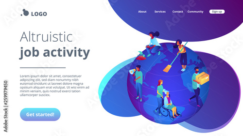 Volunteers at work on globe cleaning, helping the elderly, planting and donating. Volunteering, volunteer services, altruistic job activity concept. Isometric 3D website app landing web page template