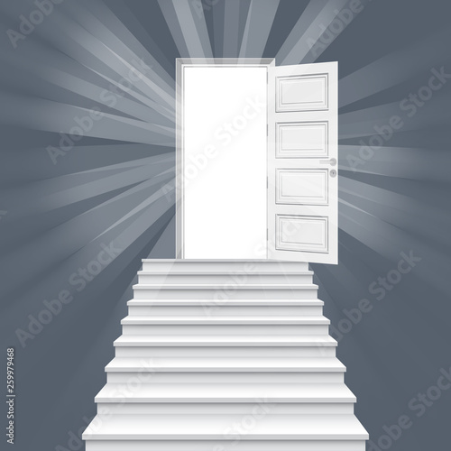 Straight stairway leading to open door vector illustration.