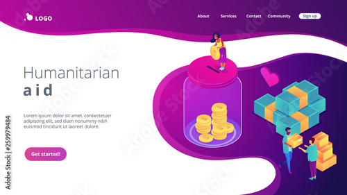 Volunteers donating money into the donation jar and carrying donation boxes with goods. Donation, charity donation funds, gift in kind concept. Isometric 3D website app landing web page template