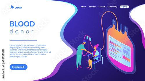 Doctor and donor sitting in chair and donating blood for transfusions. Blood donation, blood donor, hemolytic transfusion bank concept. Isometric 3D website app landing web page template