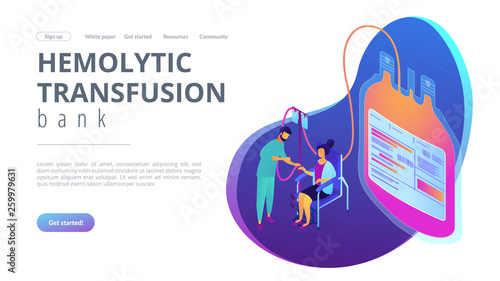 Doctor and donor sitting in chair and donating blood for transfusions. Blood donation, blood donor, hemolytic transfusion bank concept. Isometric 3D website app landing web page template