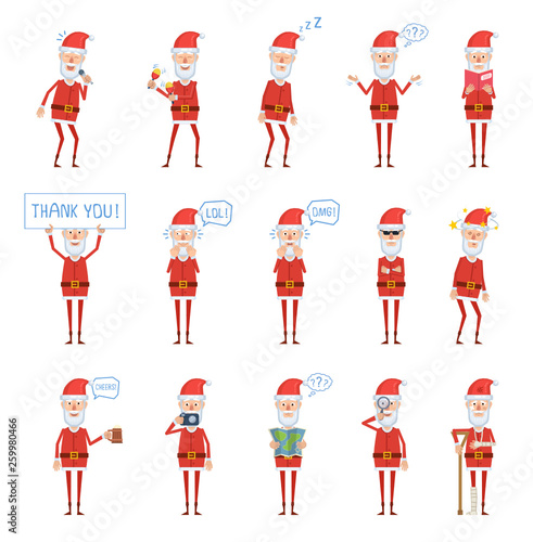 Big set of Santa Claus characters posing in different situations. Cheerful Santa karaoke singing, dancing, sleeping, holding banner, mug of beer and doing other actions. Flat vector illustration
