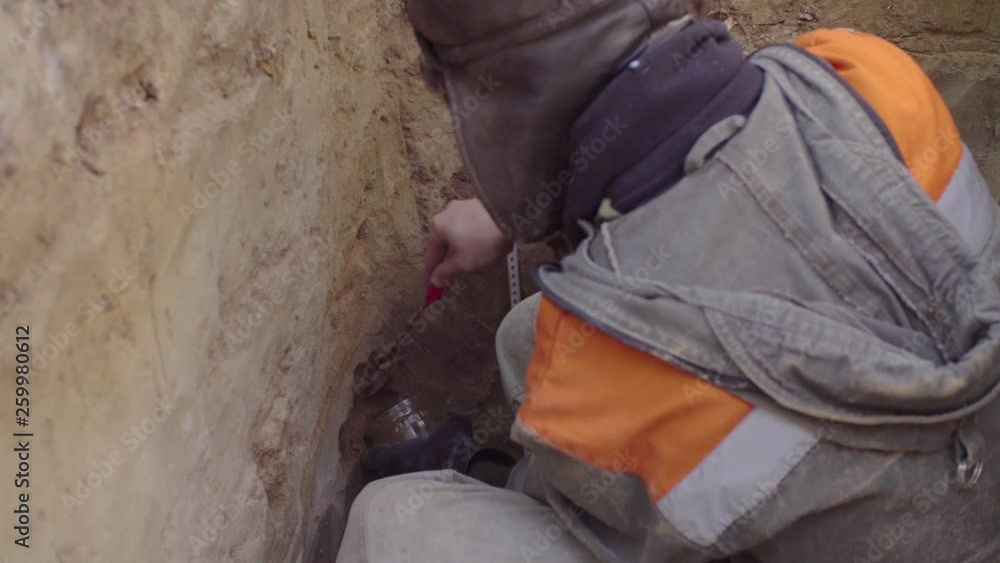 Scientist ecologist getting samples of soil from the bottom of the soil slit Scientist ecologist getting samples of soil from the bottom of the soil slit