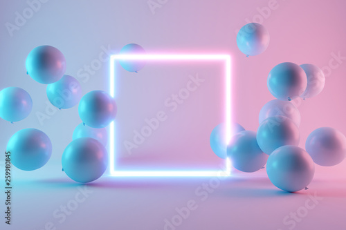 Balloons with neon lights on pastel colors background. 3d rendering