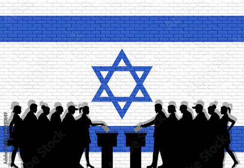 Israeli voters crowd silhouette in election with Israel flag graffiti in front of brick wall