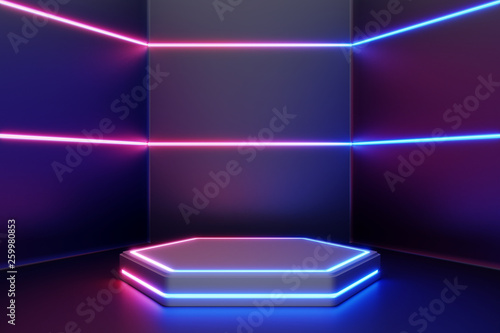 Blank product stand with line neon lights. 3d rendering