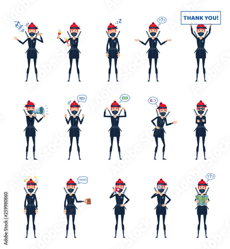 Big set of female ninja characters showing different actions, gestures, emotions. Cheerful ninja singing, sleeping, holding banner, loudspeaker, map and doing other actions. Simple vector illustration
