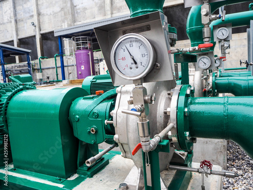 Pressure gauge of measuring instrument close up in industry zone at power plant with closed up
