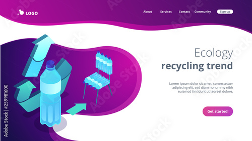 Upcycling symbol and a plastic bottle reused to make a chair. Upcycling process, creative reuse method, ecology recycling trend concept. Isometric 3D website app landing web page template