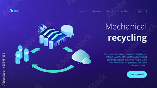 Plastic bottles taken to recycling plant and material recovery. Mechanical recycling, back-to-plastics recycling, waste material reuse concept. Isometric 3D website app landing web page template
